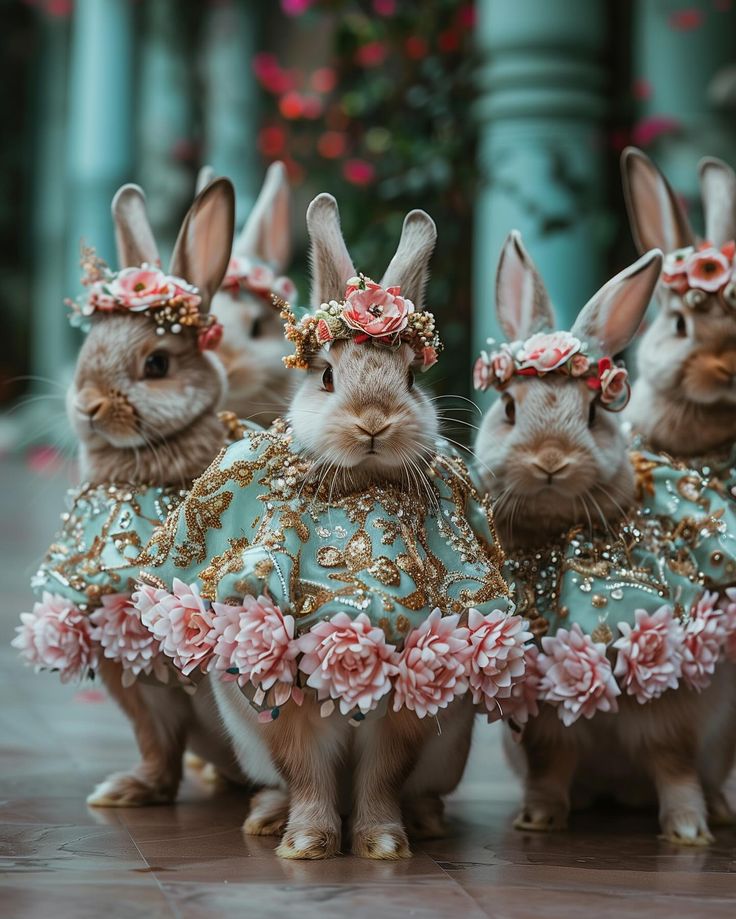 four rabbits dressed up in fancy outfits