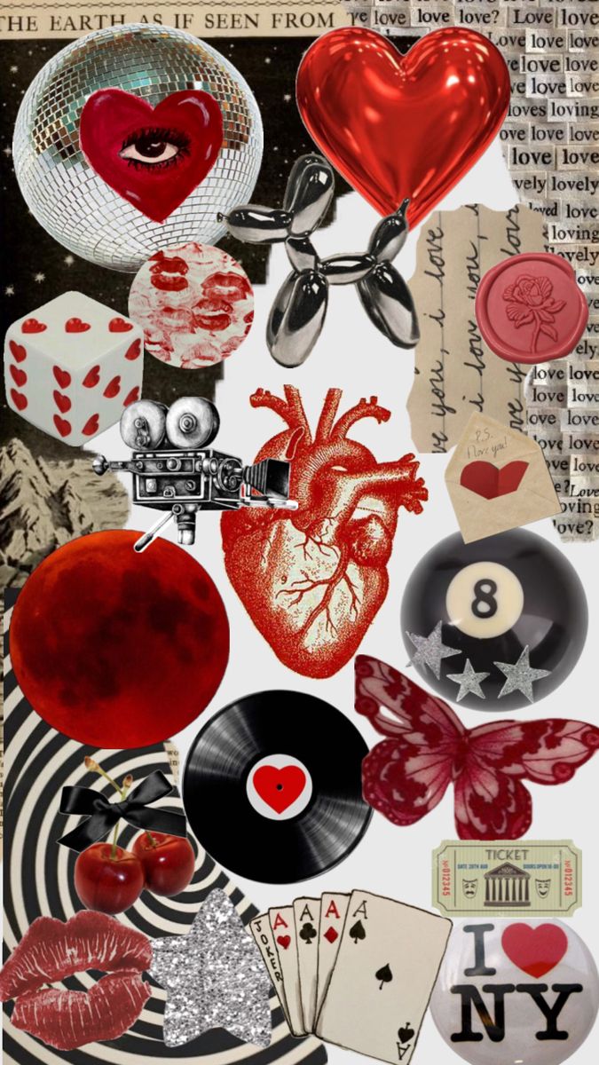 a collage of hearts, cards, and other items