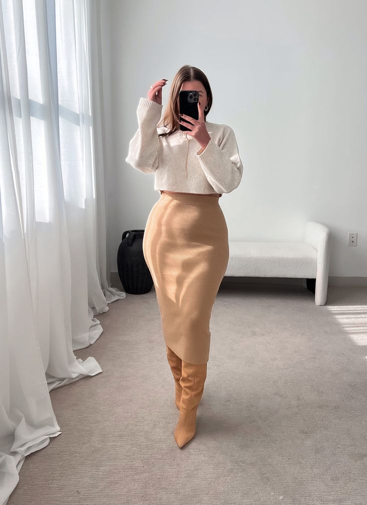 Small Waist Illusion Outfit, Silk Midi Skirt Outfit Winter, Midi Skirt And Boots Outfit, Silk Skirt Outfit Winter, Millennial Outfits, Knit Skirt Outfit, Skirts Outfits, Fall Sweater Dress, Winter Apparel