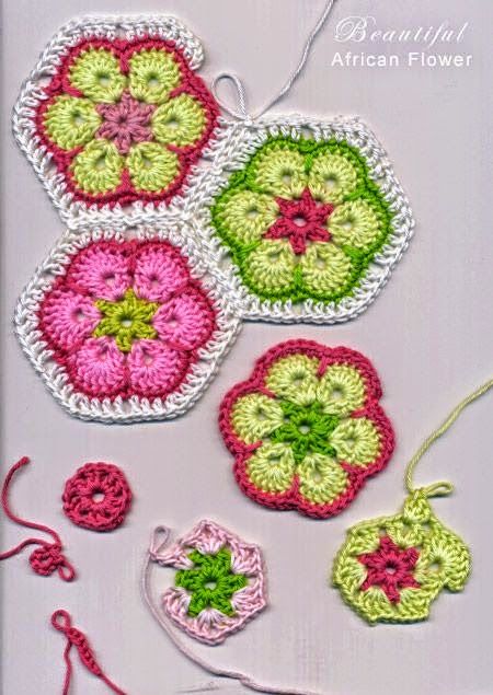 crocheted granny granny's flowers and hearts are shown in two different colors