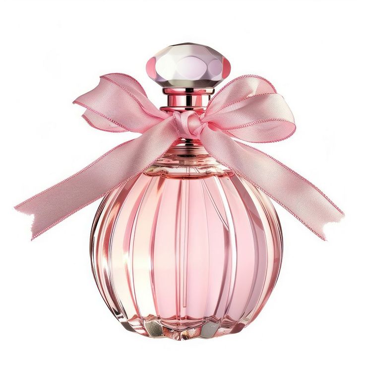 a pink perfume bottle with a bow on the top