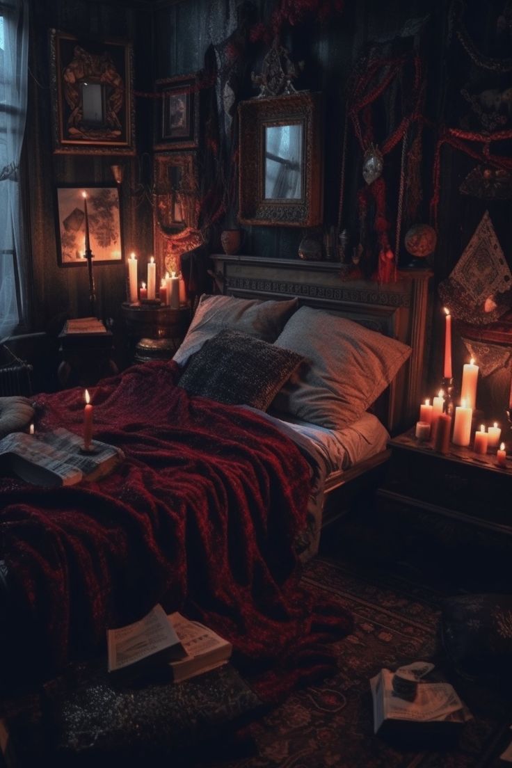 a bedroom with candles and pictures on the wall