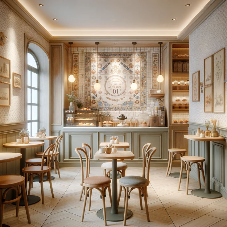 the interior of a restaurant with tables and chairs