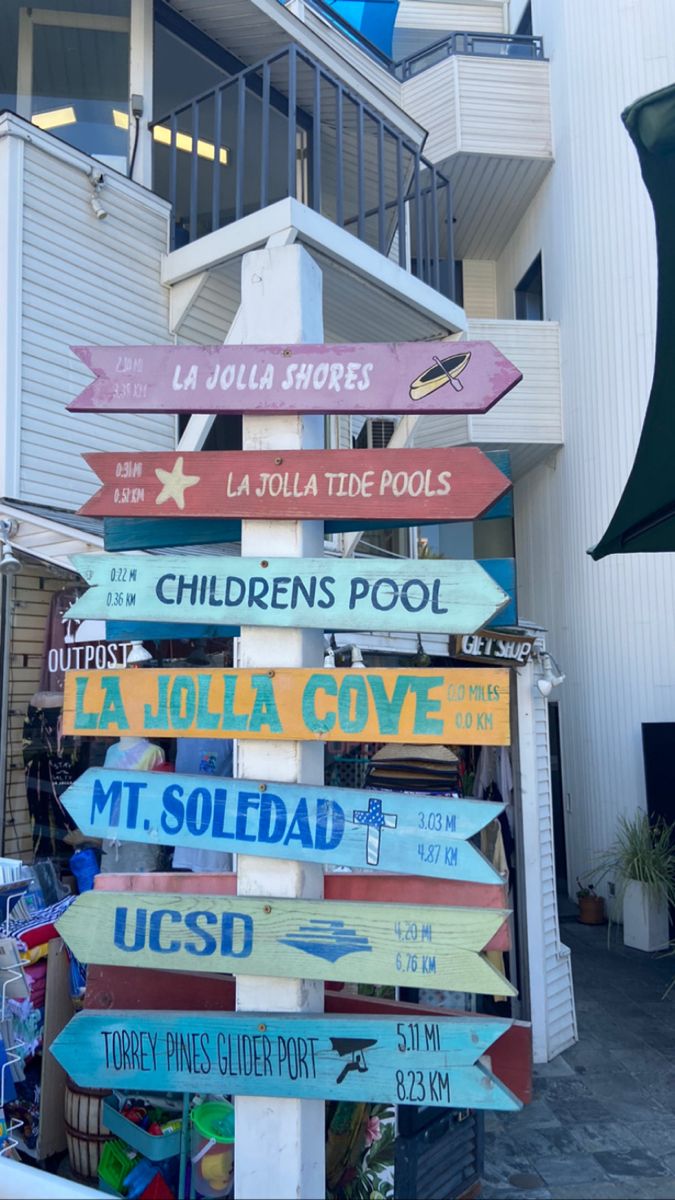 a pole with many different signs on it in front of a building and an umbrella