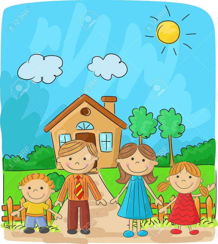 a family holding hands in front of their house with the sun above them stock photo