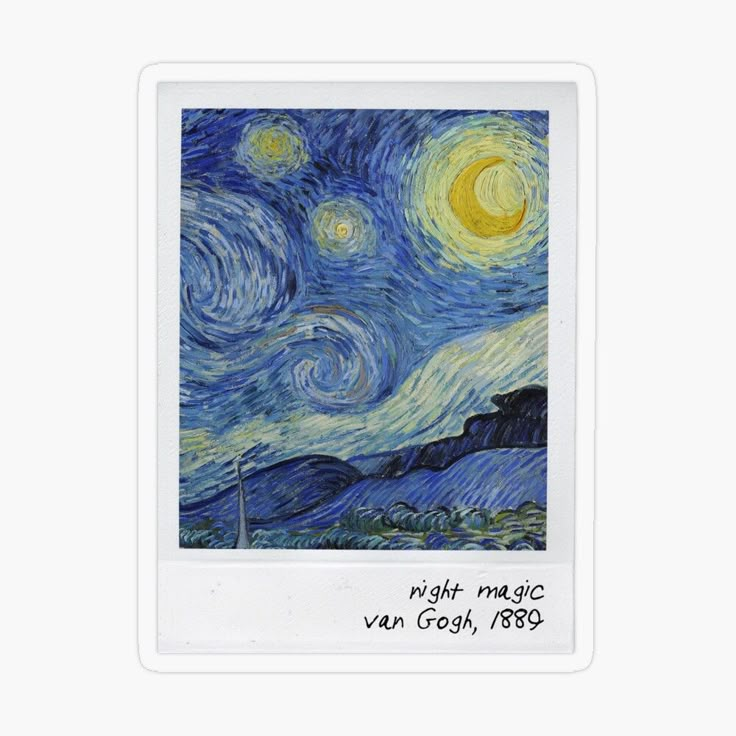 starry night with the words van gogh written in black ink on white paper sticker