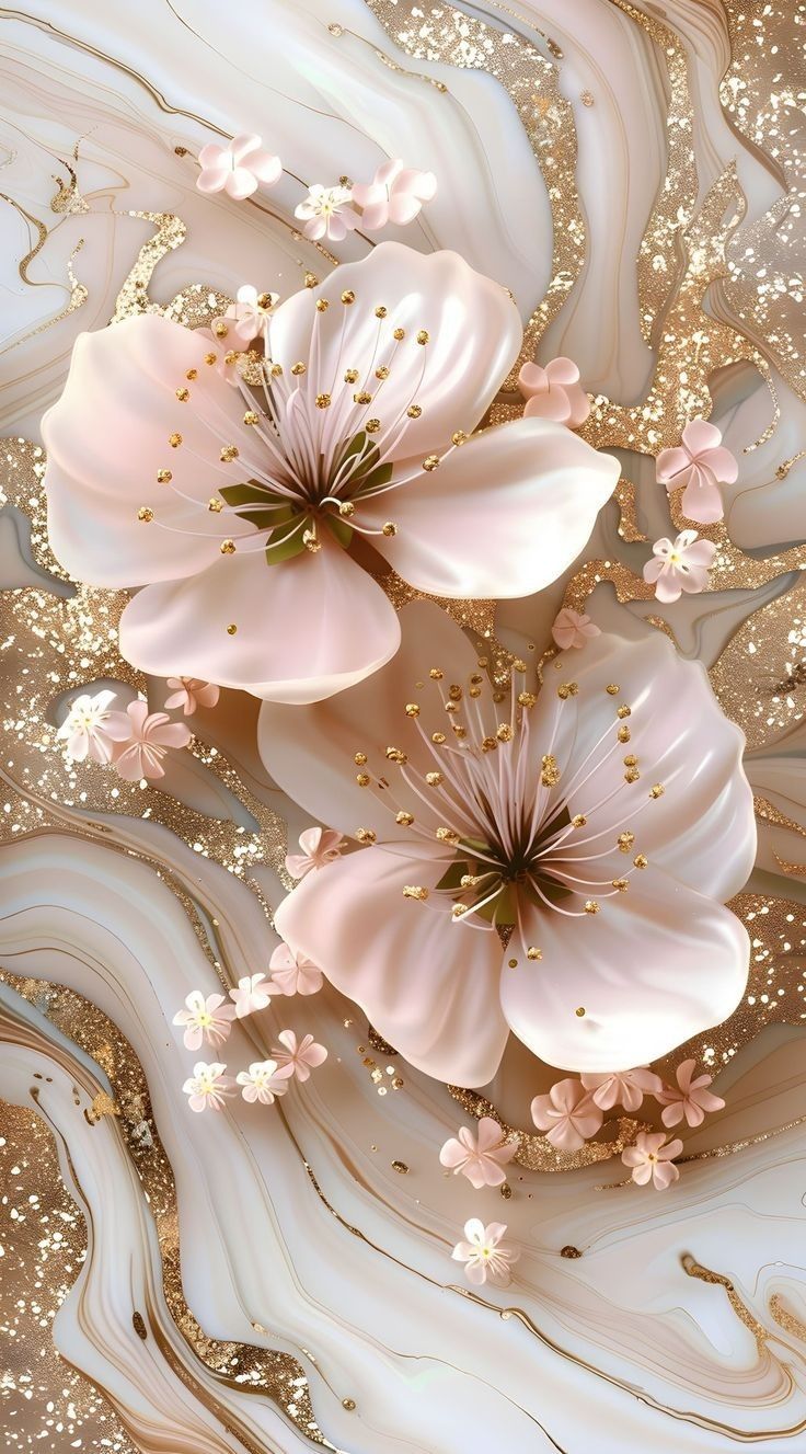 some pink flowers are in the middle of gold and white swirls on a wall