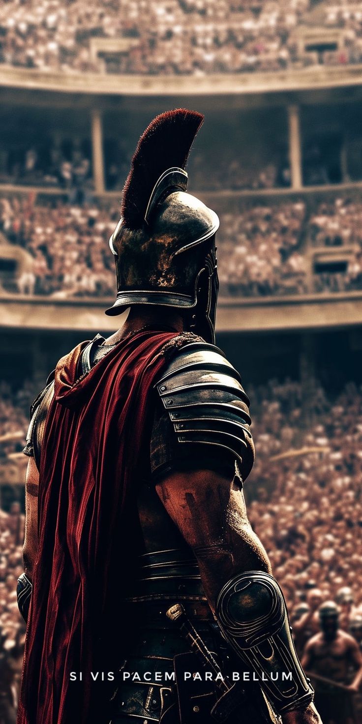 a roman soldier standing in front of an audience at a stadium with his helmet on