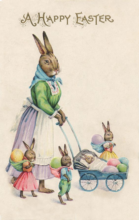 an old fashioned easter card with rabbits pulling a baby carriage