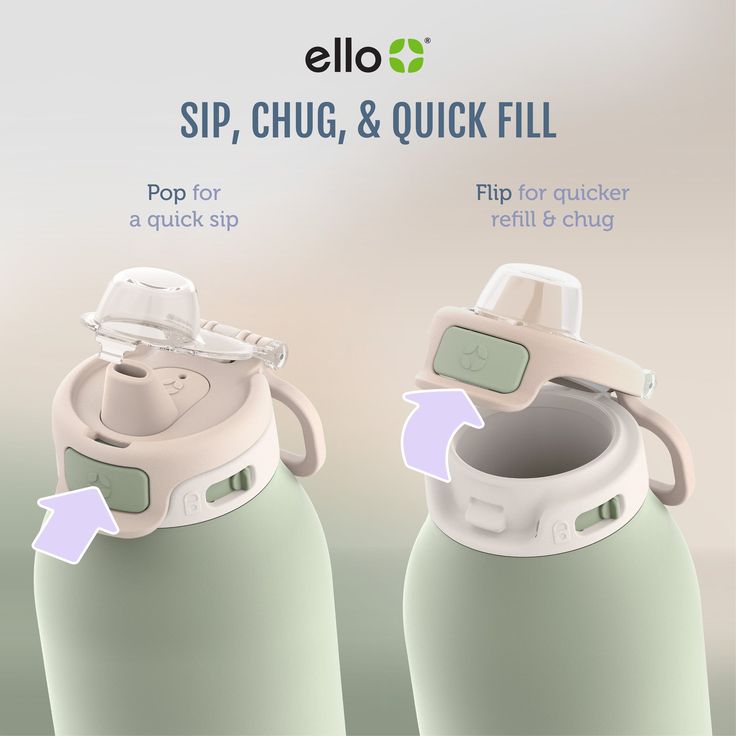 the sip cup and quick fill is shown in two different positions