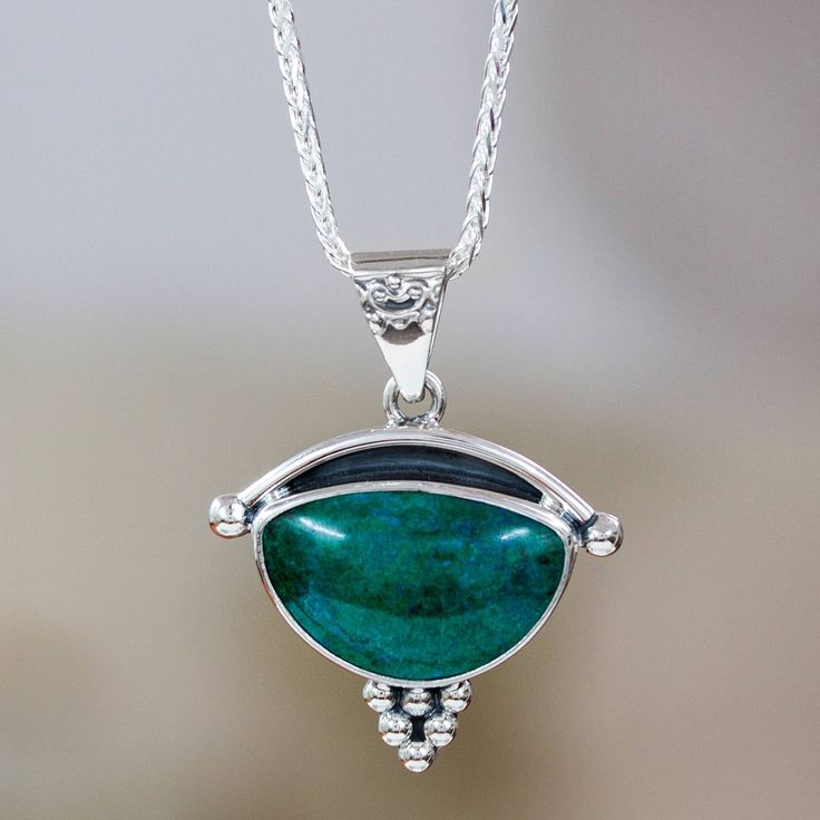 Handmade Mexico Chrysocolla and Silver Pendant Necklace - Taxco Mystique | NOVICA Petrified Wood Jewelry, Mystical Design, Wire Wrap Jewelry Designs, Wrap Jewelry, Classic Earrings, Lovely Necklace, 925 Sterling Silver Chain, Green Beauty, Silver Cuff Bracelet