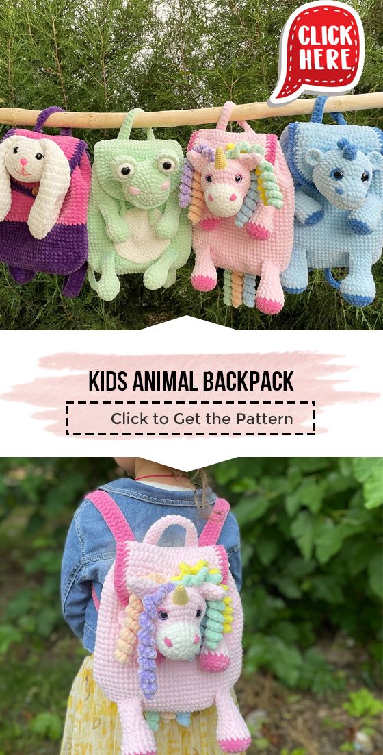 the crochet pattern for kids's animal backpack is shown in three different colors