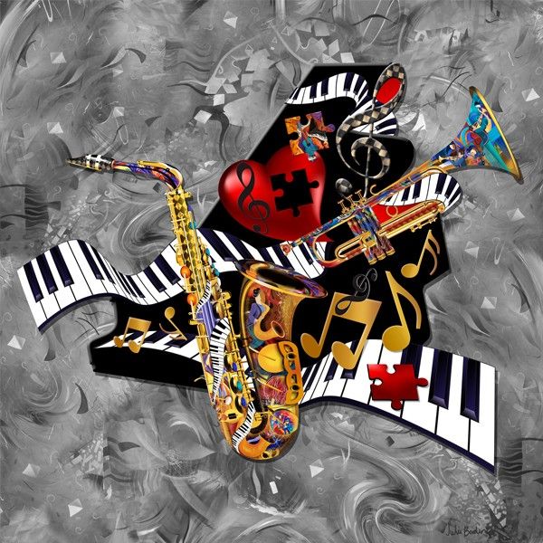 an abstract painting of musical instruments and music notes on a piano keyboard in black, white, and red