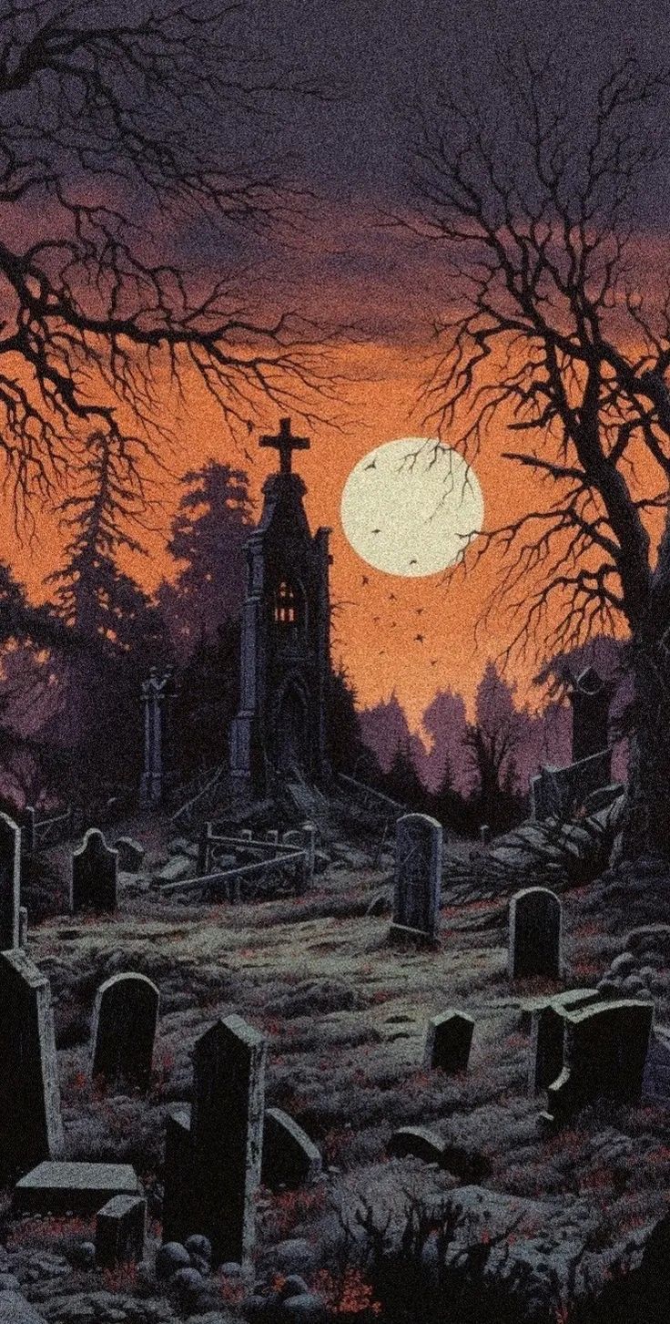 a painting of a cemetery with the moon in the background