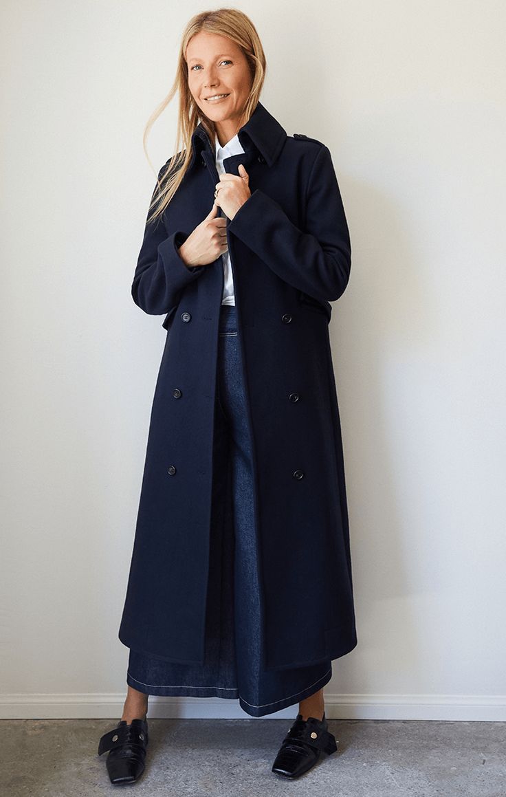 Gwyneth Paltrow Winter Style, Classic Gap Outerwear With Buttons, Gap Long Top Coat, Classic Navy Long Wool Coat, Classic Gap Button-up Outerwear, Gwenyth Paltrow Goop, Gwyneth Paltrow Style, Perfect White Shirt, Elegant Attire