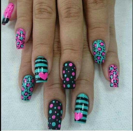 Hello Nail Design, Stripes And Polka Dots Nail Designs, Pin Stripe Nails, Bright Spring Nail Designs, Nails With Dots Design, Cute Fun Nails, Pink Animal Print Nails, Purple Nail Art Ideas, Edc Nails