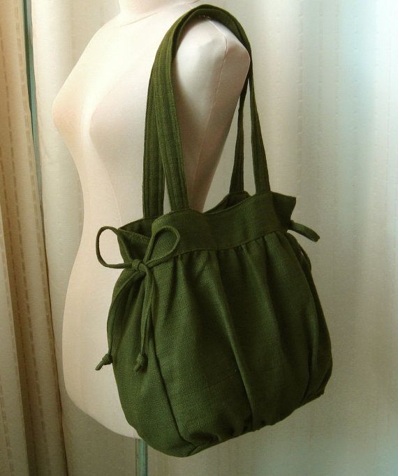 Olive Green Hemp/Cotton Bag - Sided Bows Purses With Lots Of Pockets, Hemp Bag, Sacs Tote Bags, Sac Diy, Diy Bag Designs, Jane Birkin, Diy Sewing Clothes, Lv Handbags, Pretty Bags