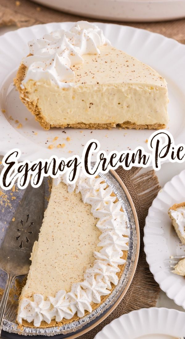 a slice of eggnog cream pie on a white plate with the rest of the pie