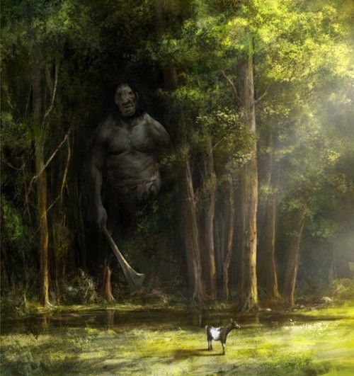 a painting of a man in the woods with a dog running towards him from behind