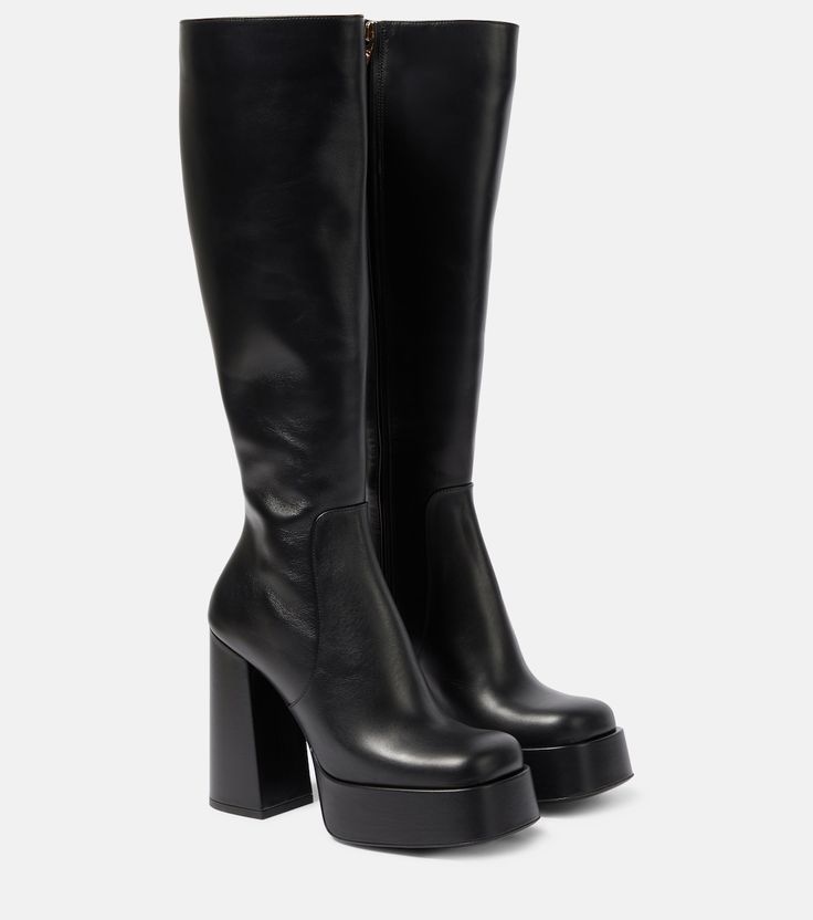 Aevitas Leather Platform Knee High Boots in Black - Versace | Mytheresa Versace Boots, Versace Heels, Platform Knee High Boots, Pinterest Shop, Leather High Heel Boots, Luxury Boots, Dr Shoes, Black High Boots, Versace Gold