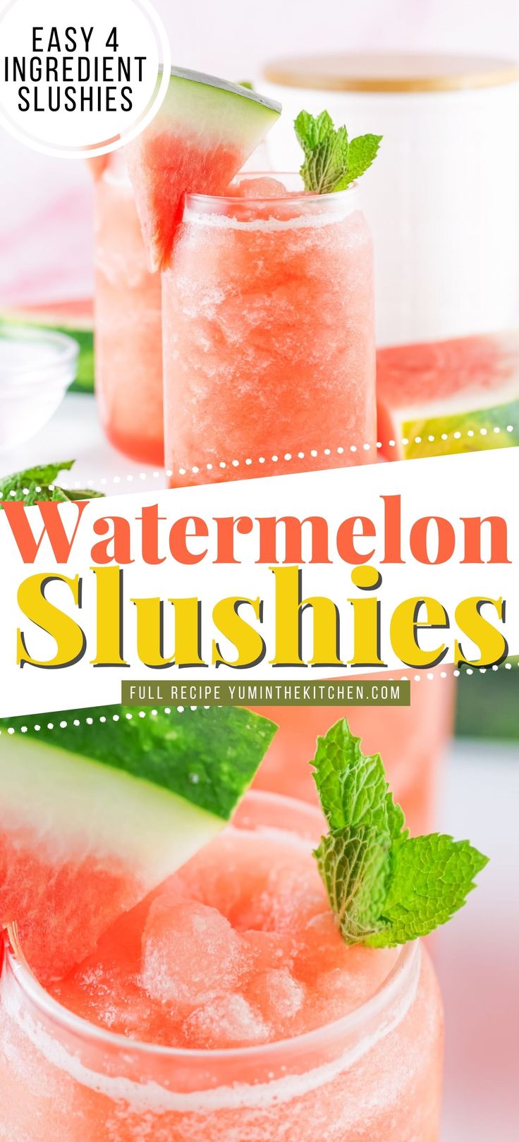 watermelon slushies in mason jars with mint garnish on top