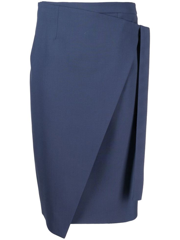 blue stretch-wool wraparound style side tie fastening concealed rear zip fastening slim cut straight hem knee-length Fitted Blue Elegant Wrap Skirt, Luxury Elegant Knee-length Wrap Skirt, Fitted Blue Lined Wrap Skirt, Blue Lined Pencil Skirt Skort, Luxury Blue Pencil Skirt, Pencil Cut Skirt, Paule Ka, Knee Length Skirt Pencil, Knee Length Skirt