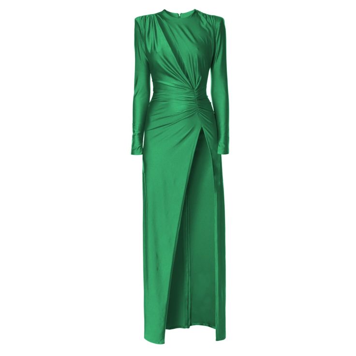 Adriana Cat's Eye Satin Maxi Dress | Aggi | Wolf & Badger Fitted Pre-draped Long Sleeve Maxi Dress, Sleek Long Sleeve Formal Maxi Dress, Fitted Long Sleeve Pre-draped Evening Dress, Green Draped Maxi Dress For Gala, Green Ruched Evening Gown, Gala Evening Dress With Draped Sleeves, Evening Dress With Draped Sleeves, Long Evening Dress With Draped Sleeves For Gala, Elegant Long Sleeve Stretch Maxi Dress