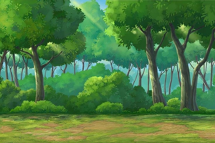 an animated scene with trees and grass