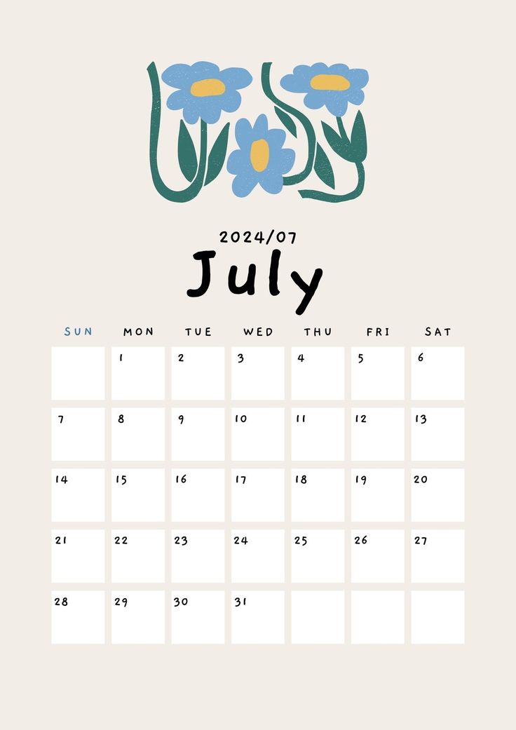 a calendar with the word july on it and blue flowers in the middle, sitting next to each other