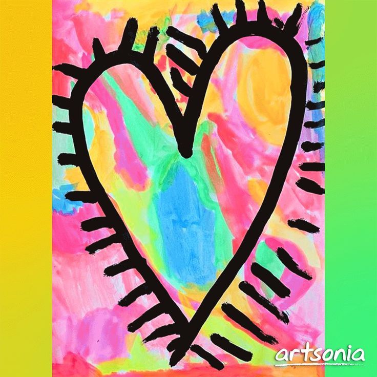 a painting with black lines in the shape of a heart on a multicolored background