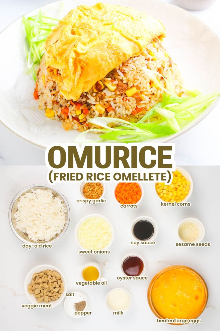 the ingredients to make omurce fried rice omelette on a white plate