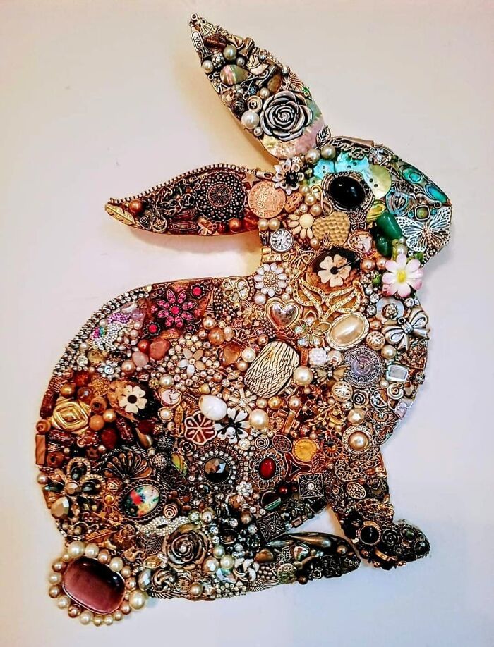 a rabbit made out of buttons and other things