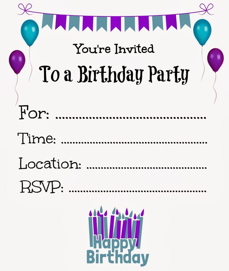 a birthday party card with balloons and streamers on the front, in blue and green