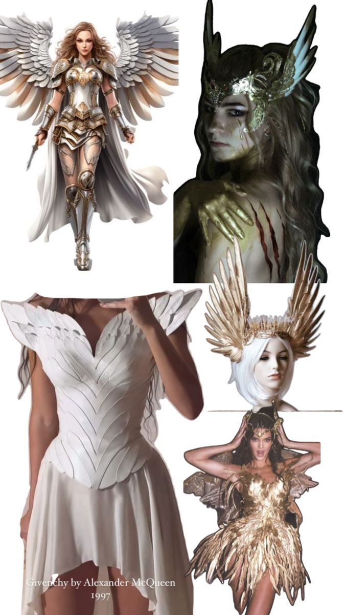 four different images of women in costumes with wings on their head and body, one woman wearing