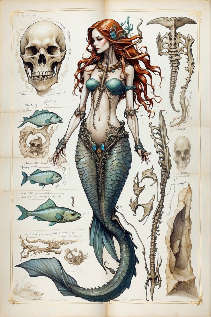 a book with an image of a mermaid and skeletons on the pages, all in different colors