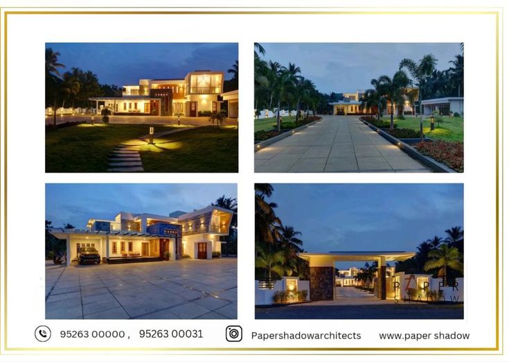 four different views of a house at night and in the middle of an open area