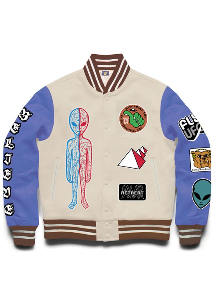 Believe Varsity Jacket - Coney Island Picnic Vibrant Style, Letterman Jacket, Faux Leather Jackets, Collar And Cuff, Snap Button, Graphic Hoodies, Varsity Jacket, Almond, Mens Jackets