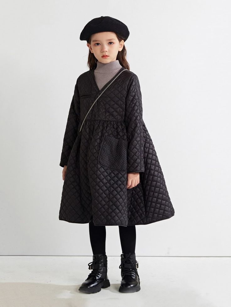 Toddler Girls Dual Pocket Quilted Dress Quilted Dress, Girls Winter Dresses, Kids Winter Fashion, School Uniform Fashion, Korean Outfit Street Styles, Kids Fashion Dress, Uniform Fashion, Korean Dress, Toddler Girl Dresses