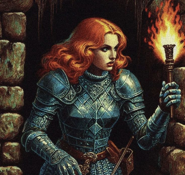 a painting of a woman in armor holding a torch