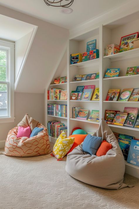 two bean bag chairs sitting in front of a bookshelf filled with children's books