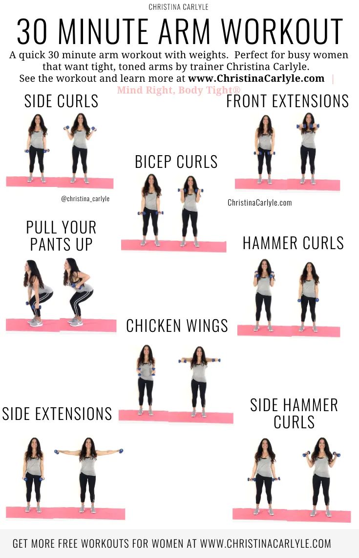 the 30 minute arm workout for women is shown in this poster, which shows how to do