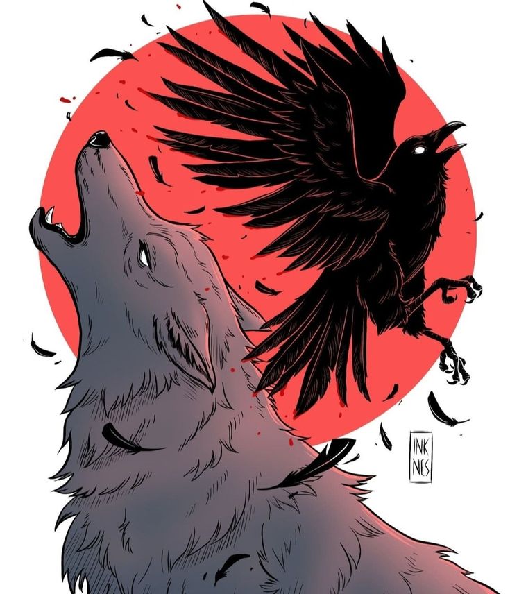 a drawing of a wolf and a crow on top of each other with the sun in the background