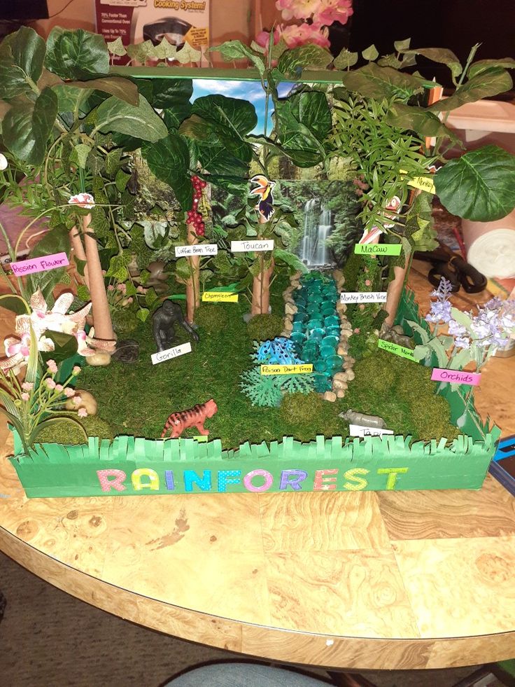 a table topped with lots of plants and fake animals on top of green grass covered ground