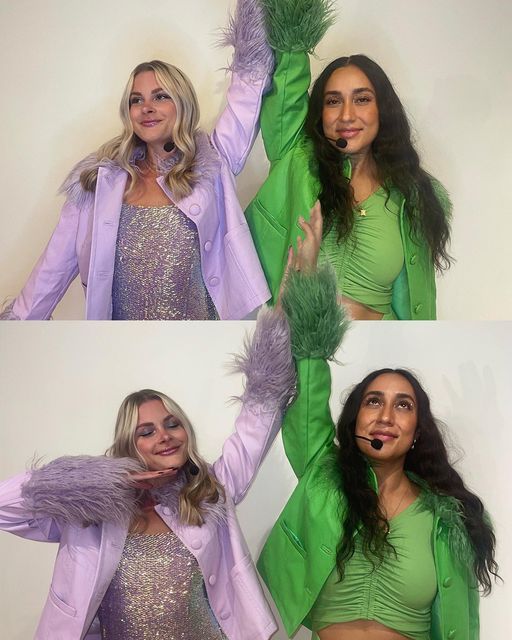 two pictures of a woman in purple and green outfit posing for the camera with her hands up