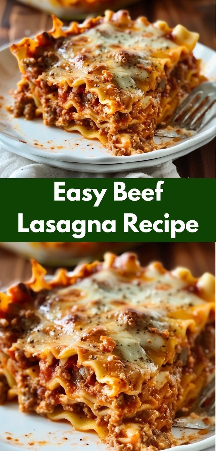 easy beef lasagna recipe on a plate with a fork and the title above it