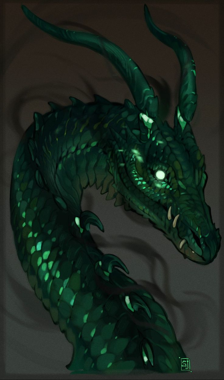 a green dragon with glowing eyes and horns