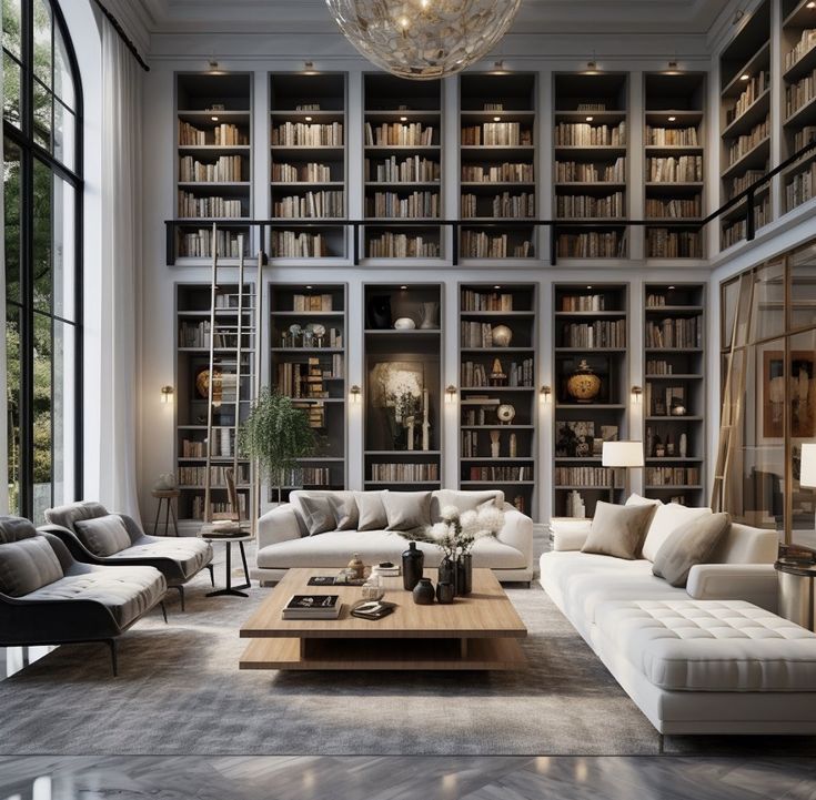 a living room filled with lots of furniture and bookshelves in front of a window