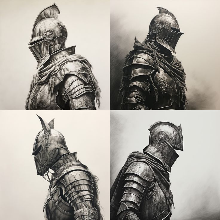 four different views of a knight's armor