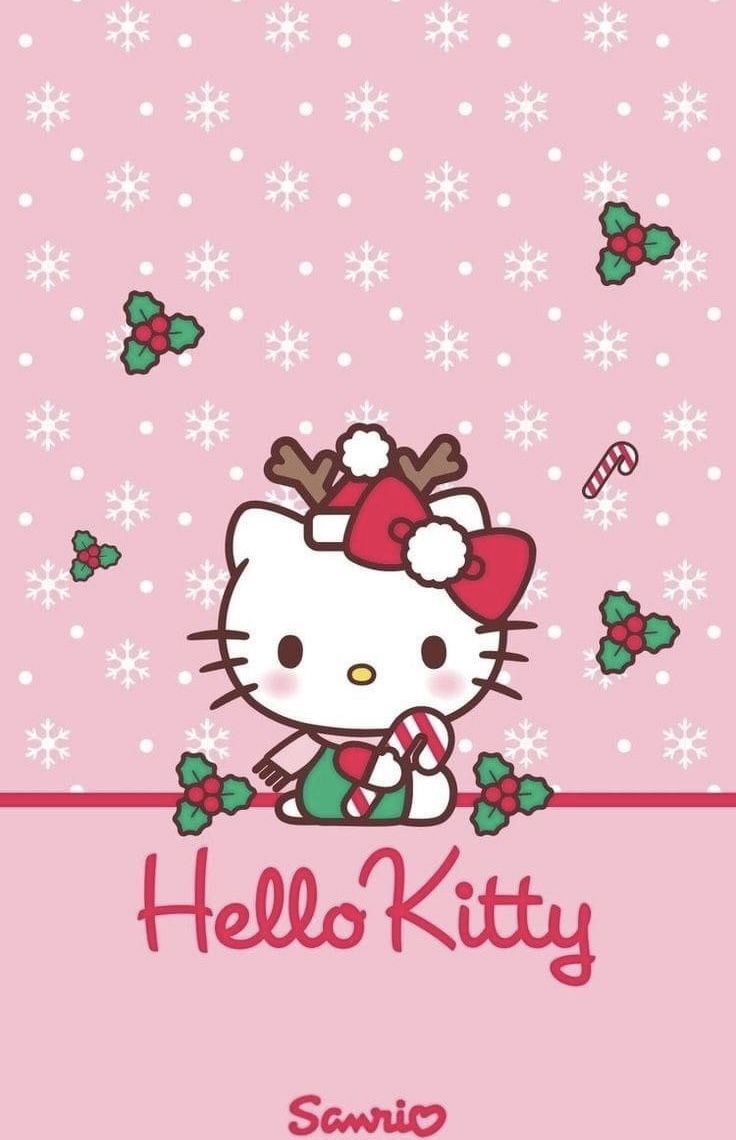 the hello kitty wallpaper is pink with snowflakes and holly berries on it