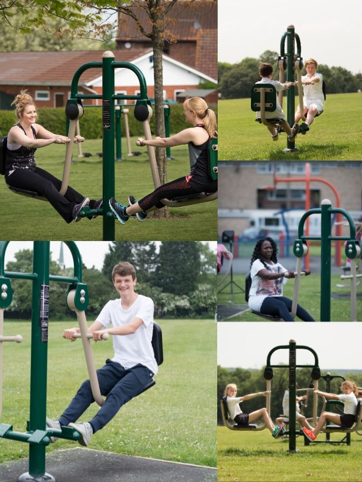 four photos of people doing different activities in the park, including climbing bars and pull ups